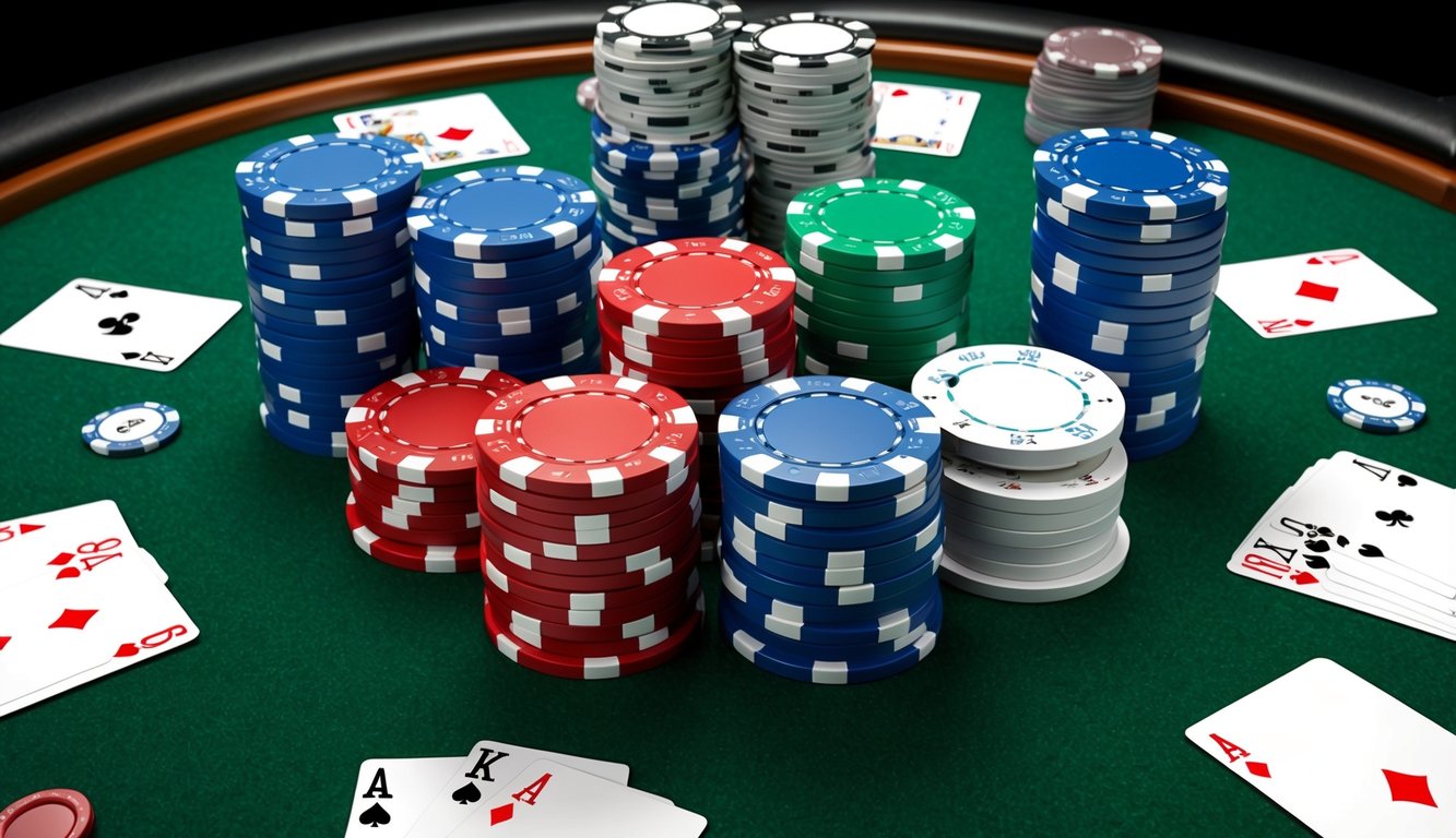 Sekelompok chip poker yang disusun di atas meja felt hijau, dikelilingi oleh kartu dan tombol dealer, dengan tumpukan uang tunai di latar belakang