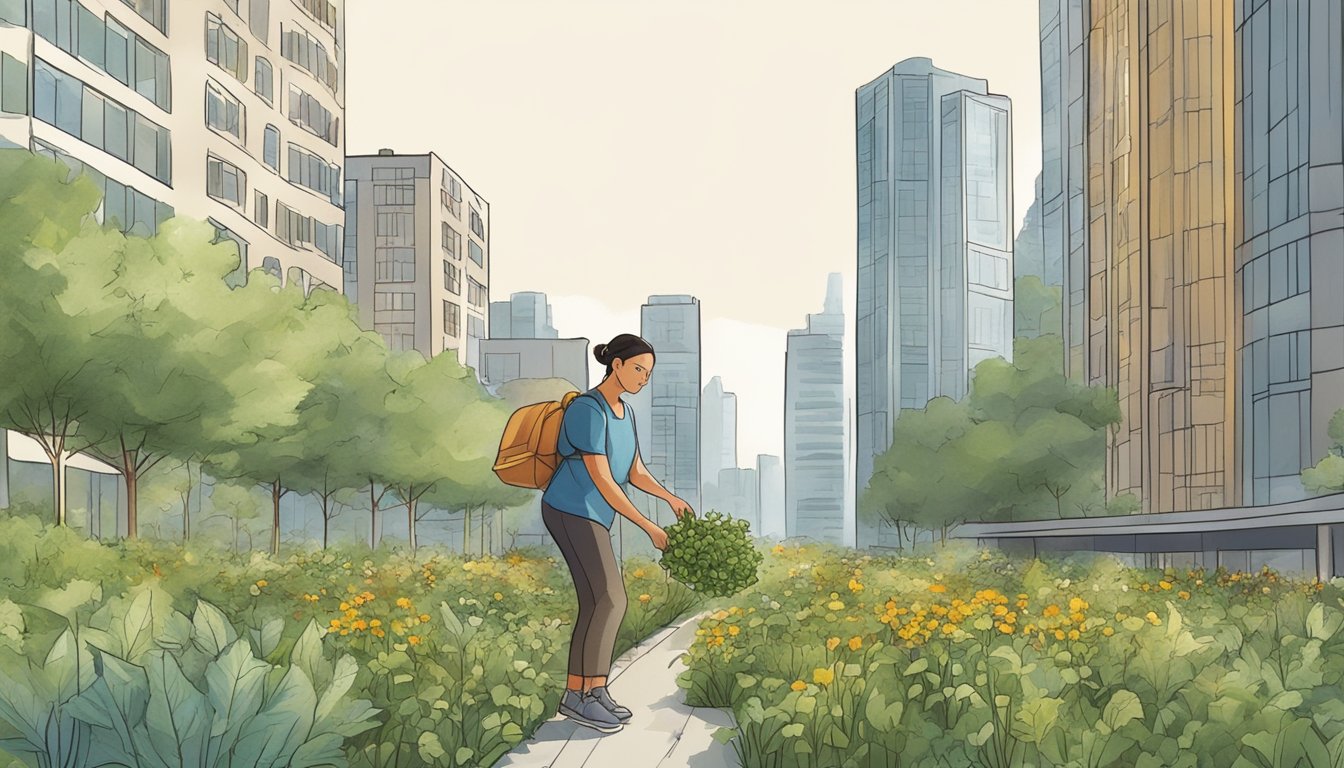 A person carefully picking wild edible plants in a city park, surrounded by tall buildings and urban infrastructure