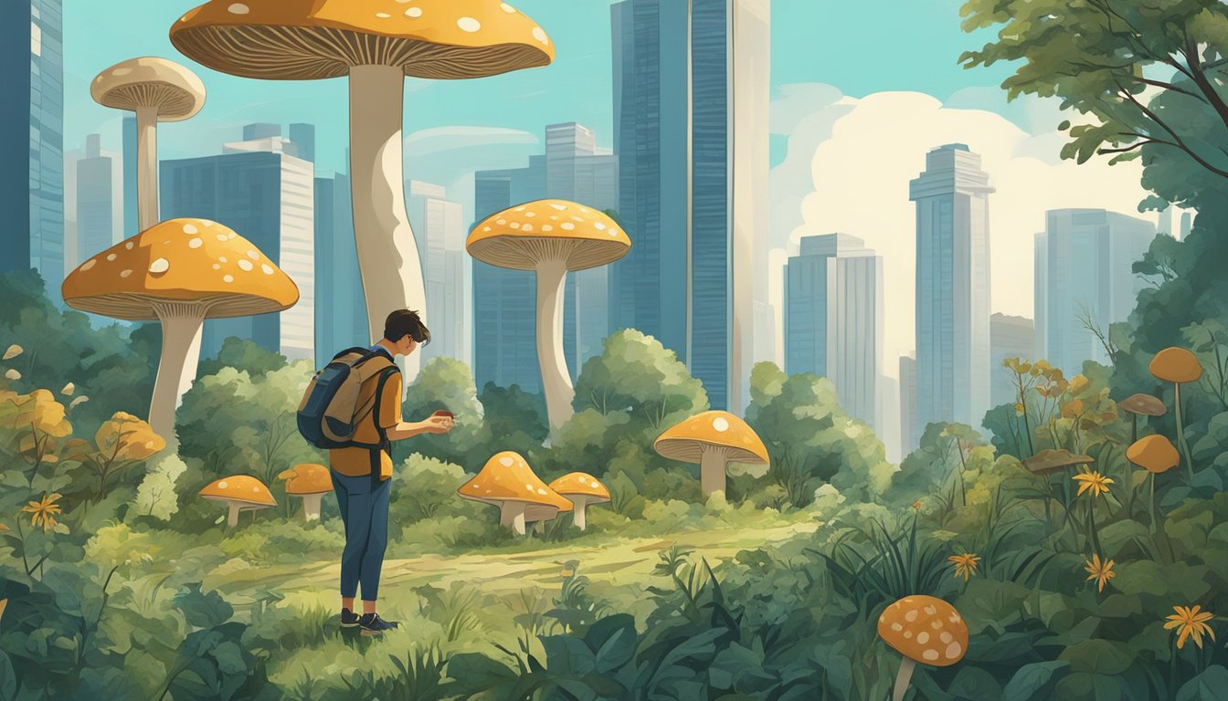 A person gathering wild plants and mushrooms in a city park, surrounded by tall buildings and urban infrastructure