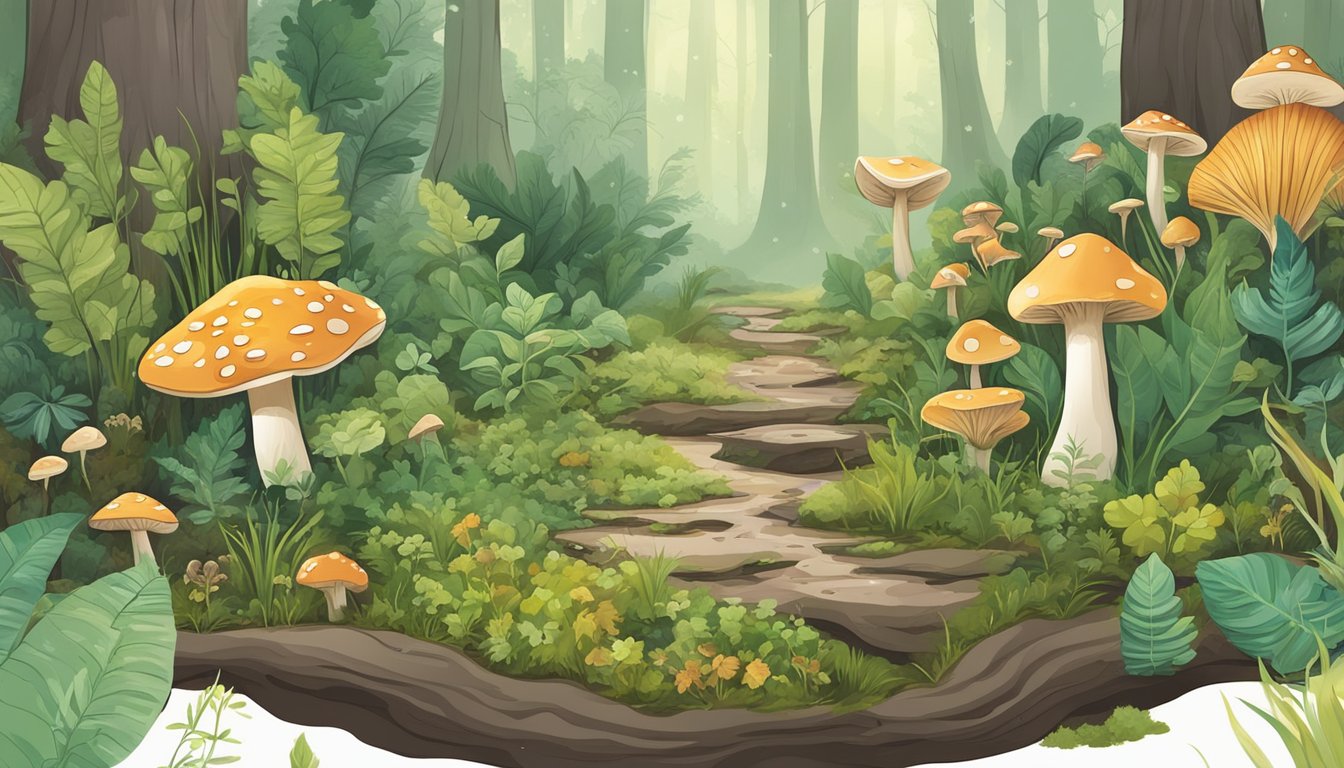 A lush forest floor with various plants and mushrooms at different stages of growth, surrounded by a calendar with seasonal markings