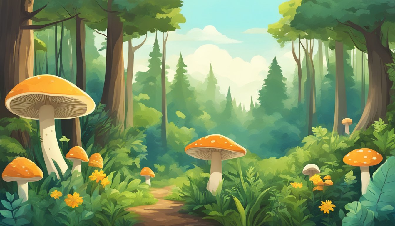 A lush forest with a variety of wild plants and mushrooms at different stages of growth, surrounded by a clear and sunny sky