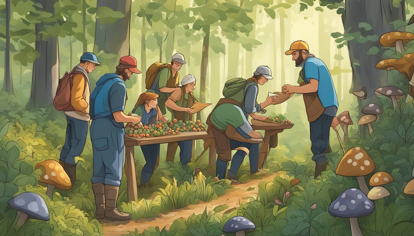 A group of foragers gather around a lush forest, picking wild berries and mushrooms while consulting a calendar for optimal harvest times