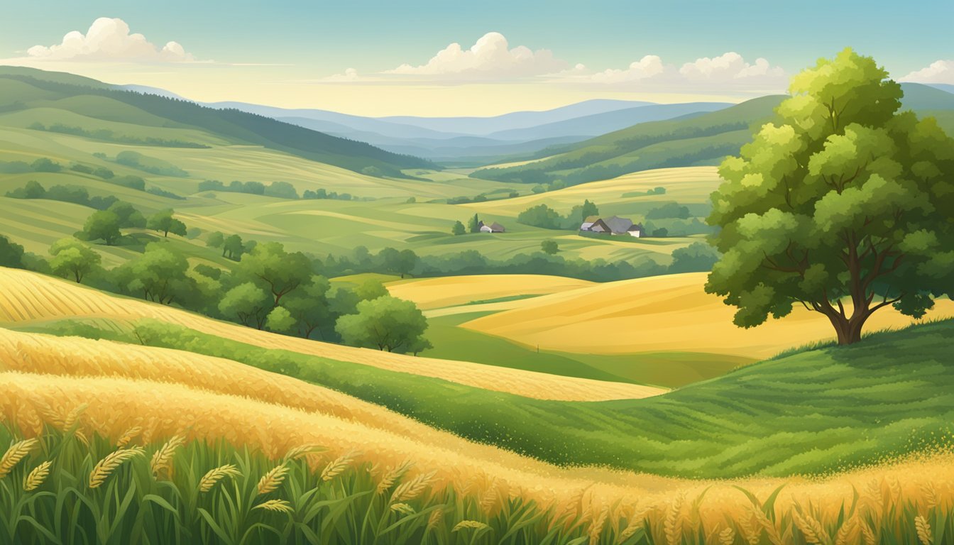 A serene countryside landscape with fields of wheat and barley, grapevines, and wildflowers, surrounded by rolling hills and forests