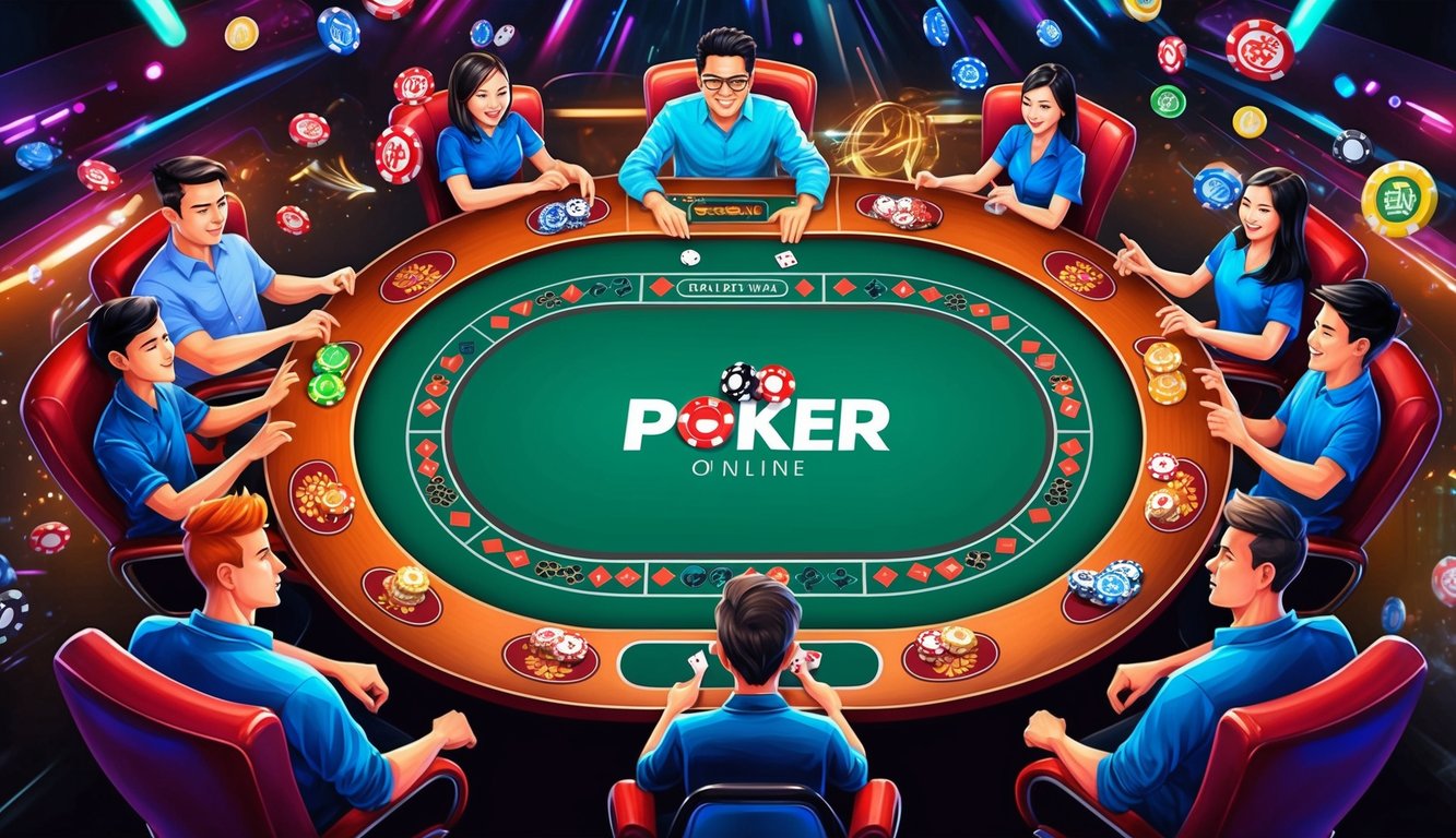 Meja poker online yang hidup dengan motif dan simbol Indonesia, dikelilingi oleh pemain yang energik dan suasana virtual yang ramai.