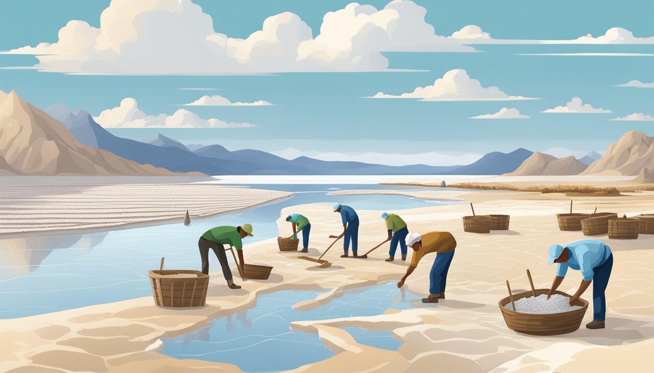 A coastal landscape with salt flats, wooden harvesting tools, and workers gathering sea salt