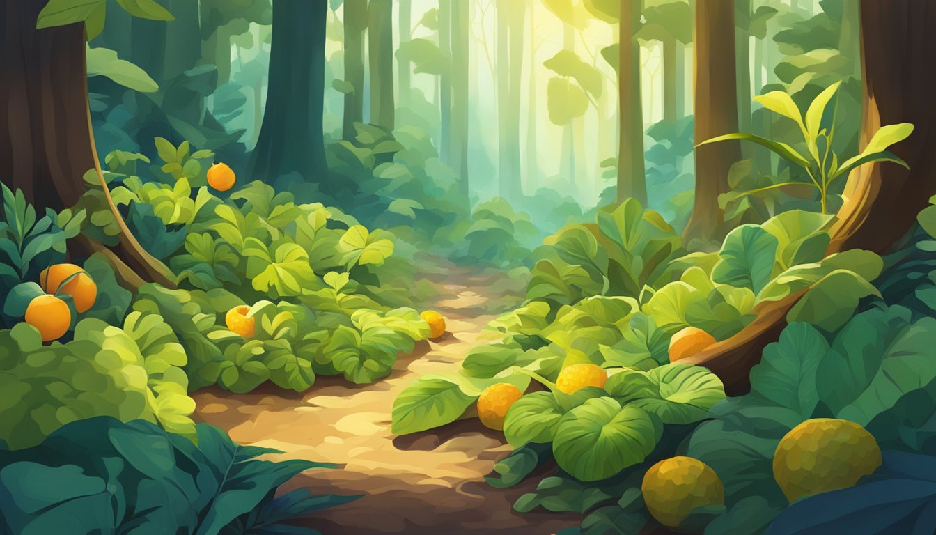 A lush forest floor with dappled sunlight, showcasing a variety of overgrown, forgotten fruits in vibrant colors and unique shapes