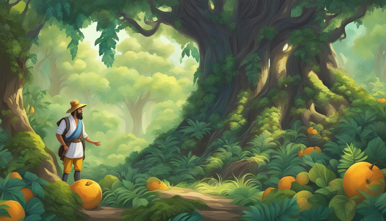 A figure in historical attire gathers rare fruits in a lush forest, surrounded by ancient trees and vibrant flora