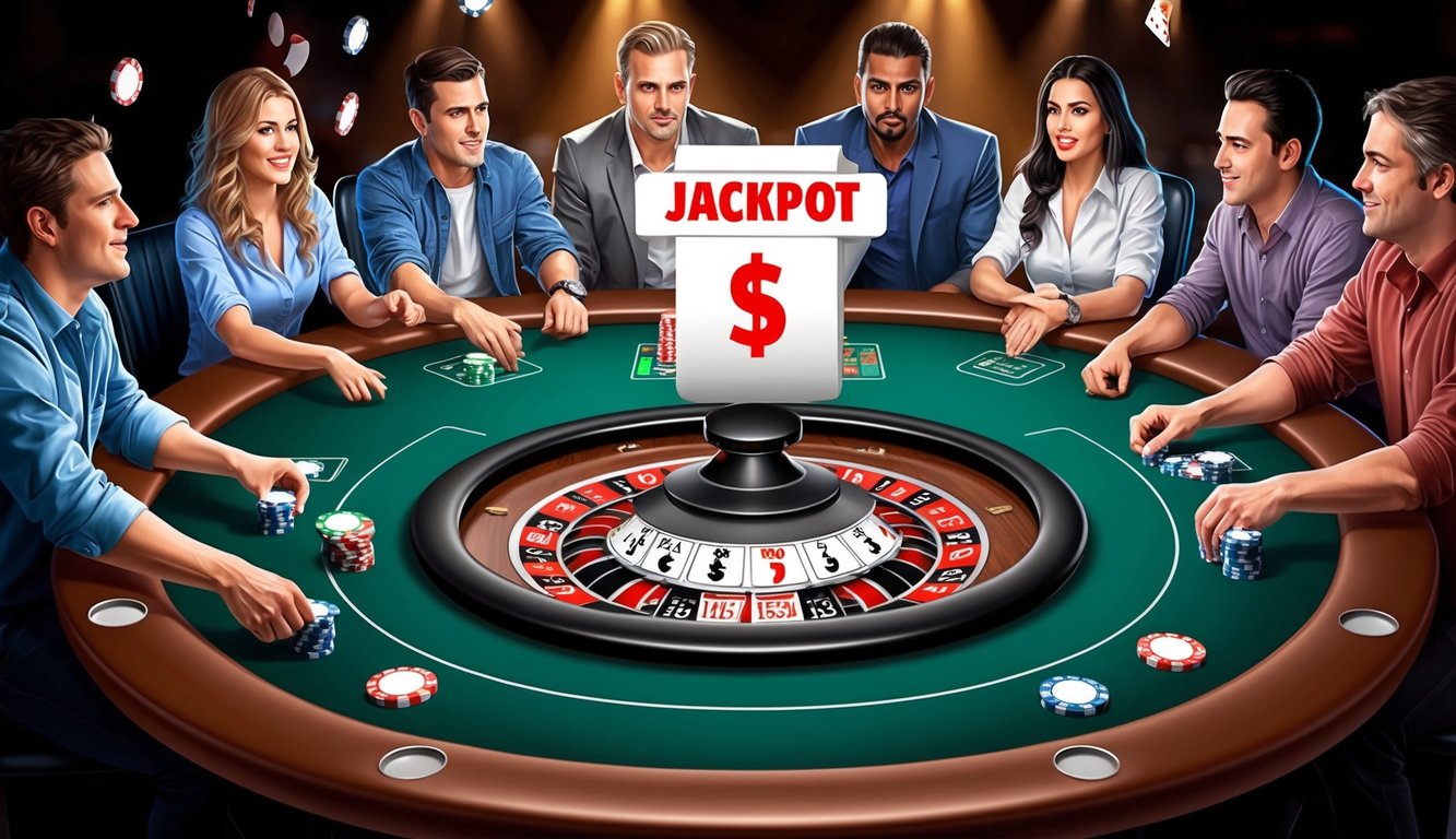 Sebuah meja poker dengan jackpot besar yang ditampilkan di tengah, dikelilingi oleh pemain yang antusias dan suasana yang tegang