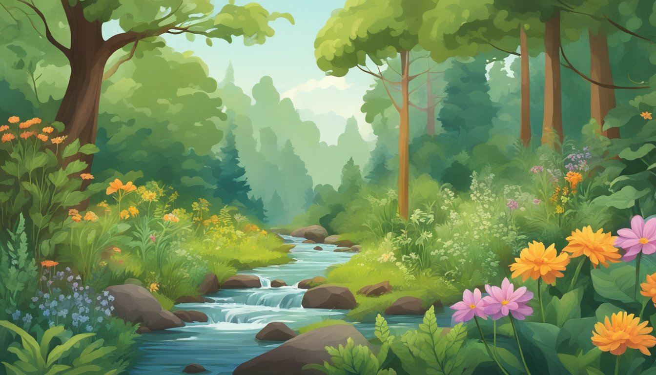 A lush forest clearing with a variety of wild plants and flowers, a small stream running through, and a forager pointing out different species