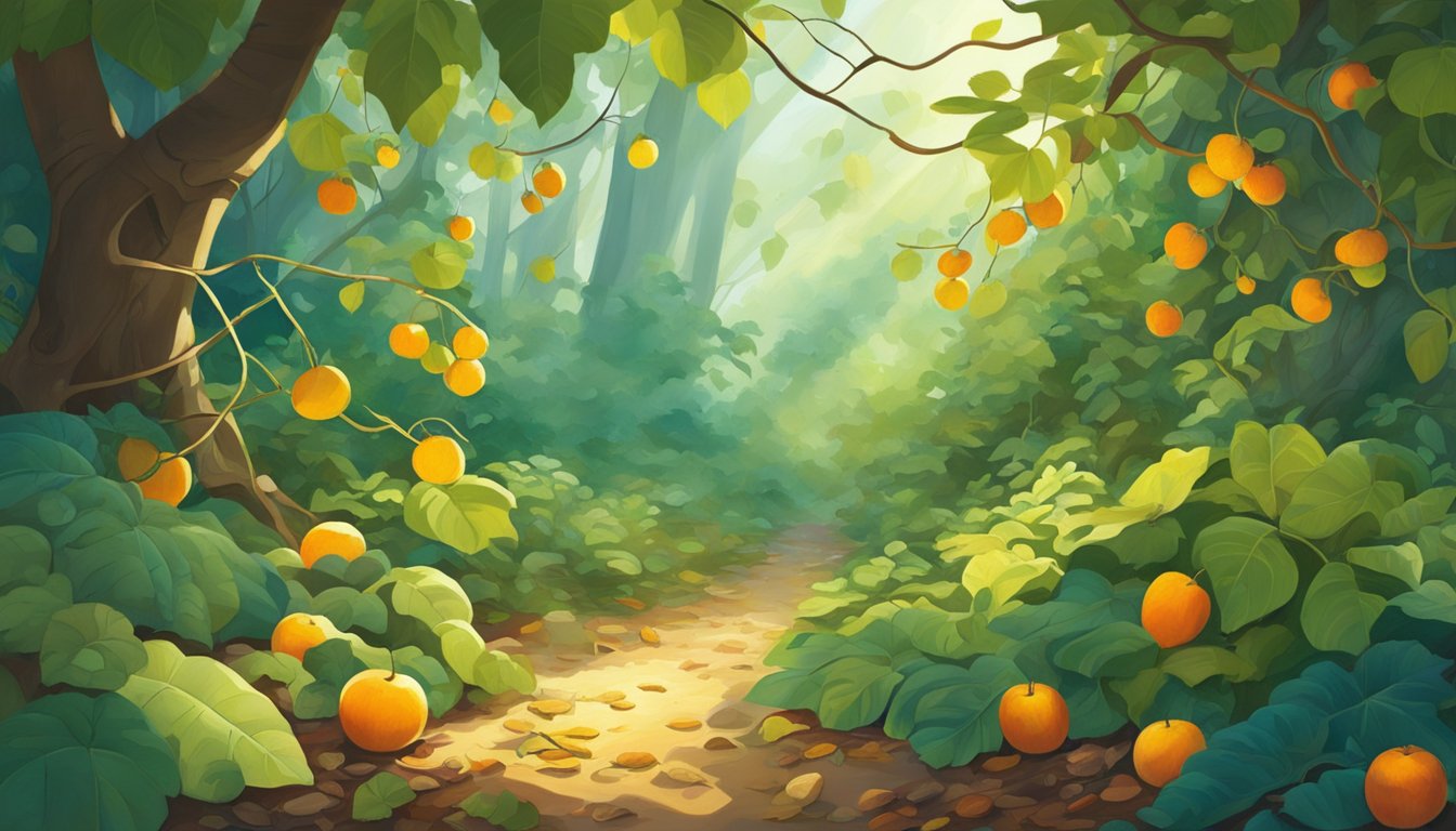 A lush forest floor with vibrant, unfamiliar fruits peeking out from under fallen leaves and tangled vines. Sunlight filters through the canopy, casting dappled shadows on the forgotten treasures