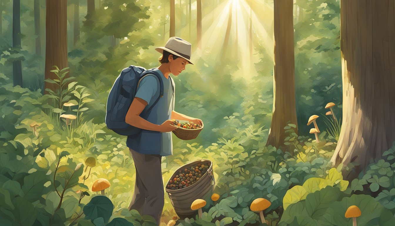 A forager collects wild foods in a lush forest, surrounded by an array of edible plants, mushrooms, and berries. The sun filters through the trees, casting dappled light on the forager's bountiful harvest