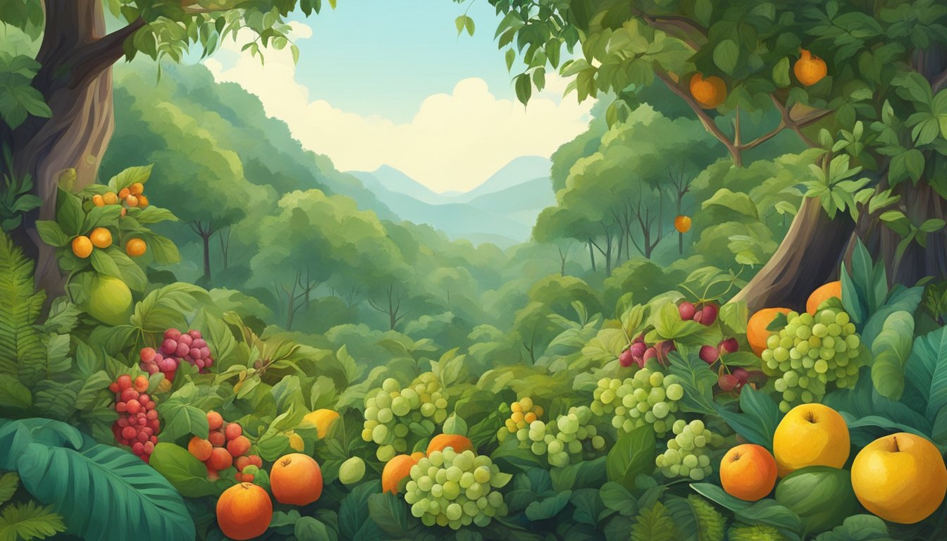 A lush forest with diverse flora, ripe fruits hidden among foliage, and foragers carefully collecting forgotten produce