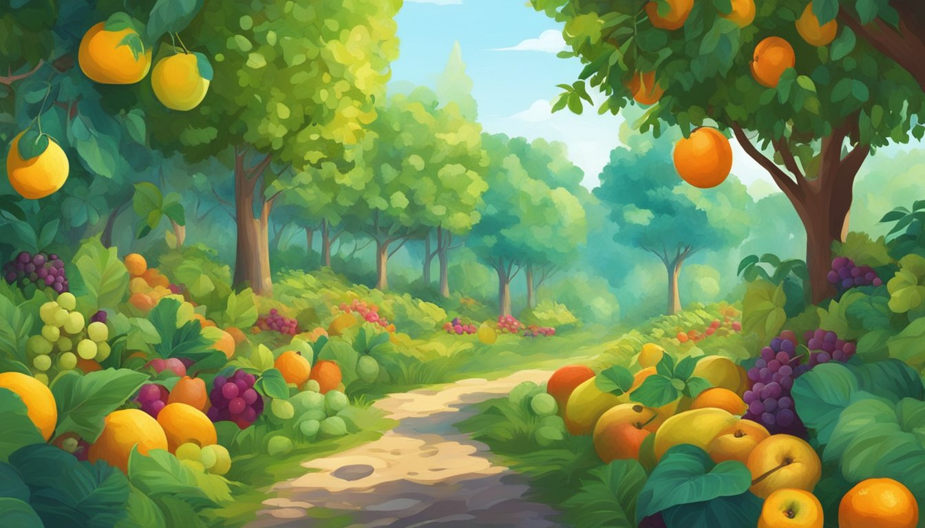 A lush forest with diverse fruit trees, vines, and bushes. A forager gathers rare and forgotten fruits in baskets. The scene is vibrant and teeming with life