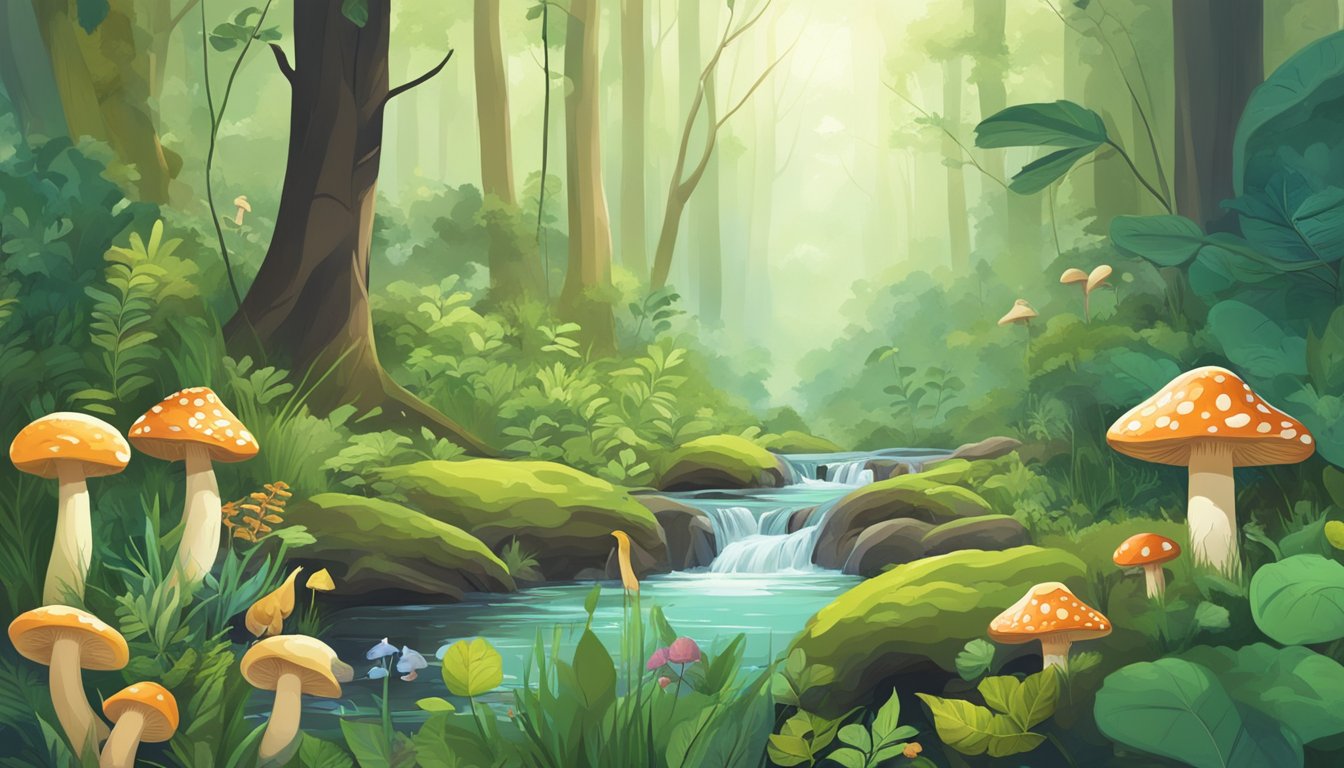 A lush forest with various plants and mushrooms, a clear stream, and a guide pointing out edible treasures