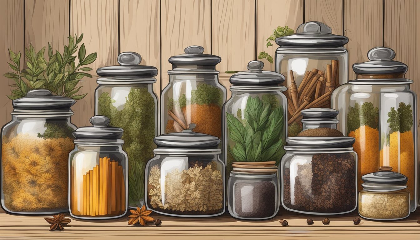 A rustic wooden cabinet filled with an array of foraged spices, herbs, and dried flowers, arranged in glass jars and ceramic containers