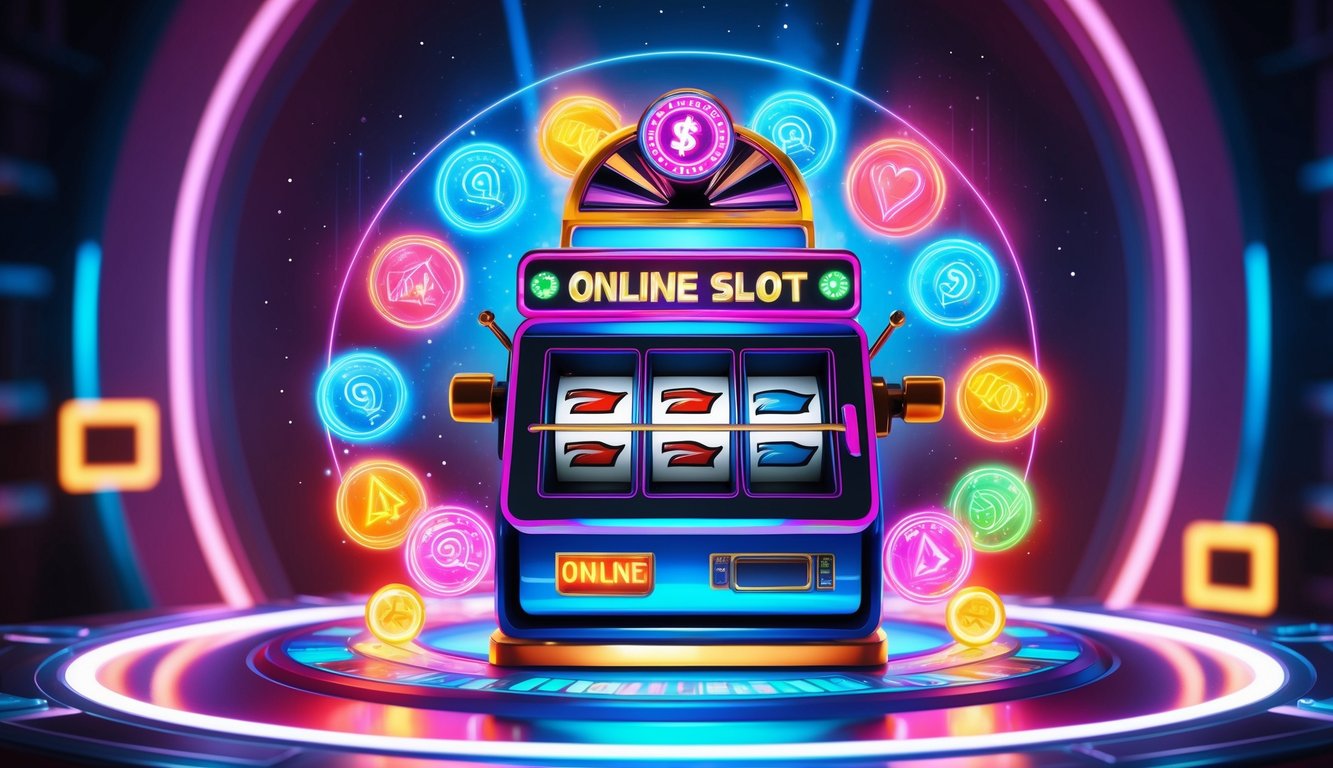 Sebuah mesin slot online yang berwarna-warni dan cerah dikelilingi oleh cahaya neon yang bersinar dan simbol-simbol, dengan latar belakang futuristik.