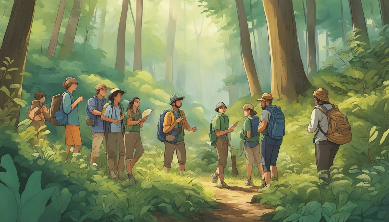 A group of people gather in a lush forest, eagerly following a foraging guide as they explore the natural surroundings and learn about the bounty of edible plants and mushrooms