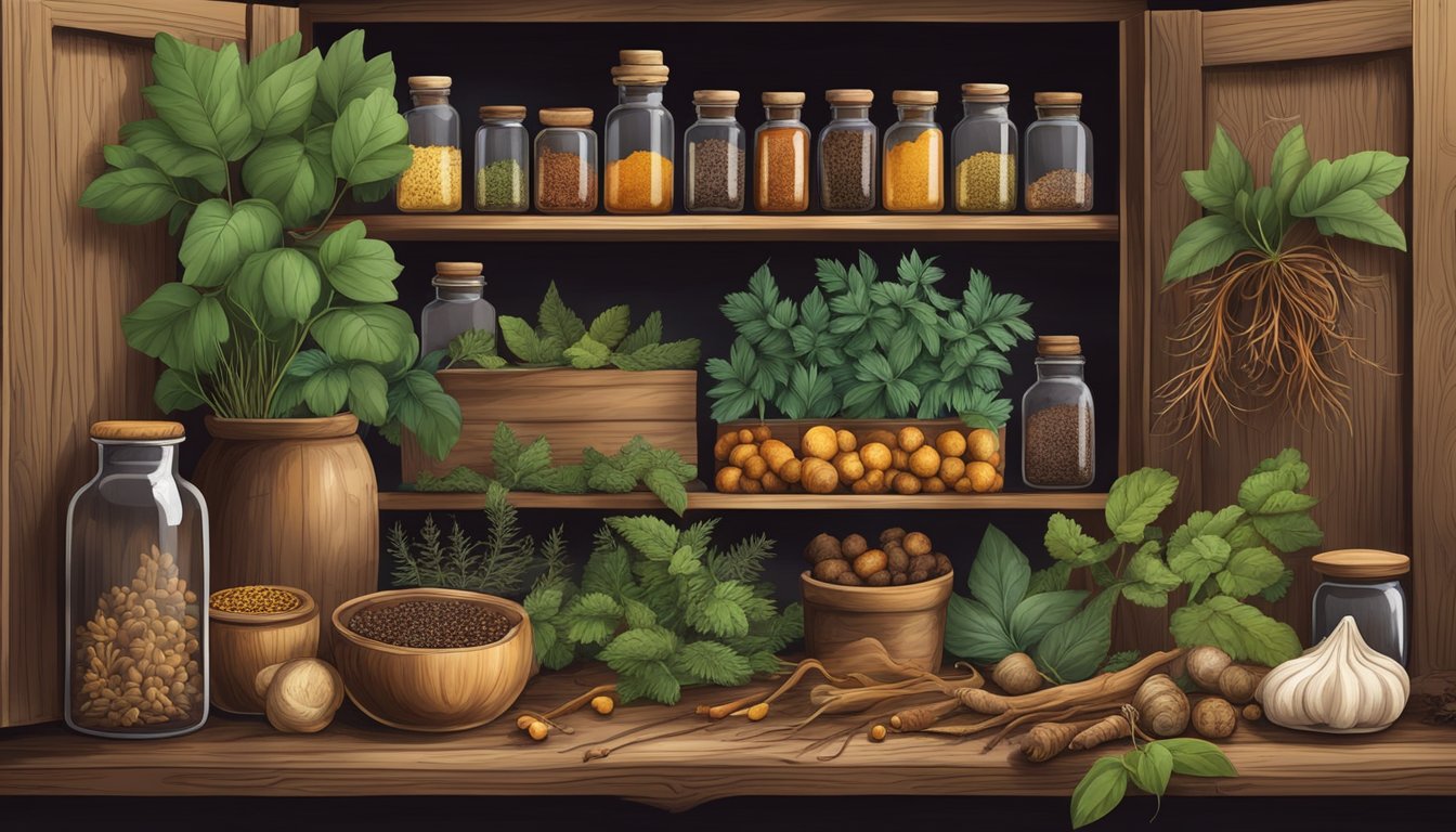 A forest floor with a variety of wild roots and tubers, surrounded by an array of vibrant and aromatic spices collected in a rustic wooden cabinet