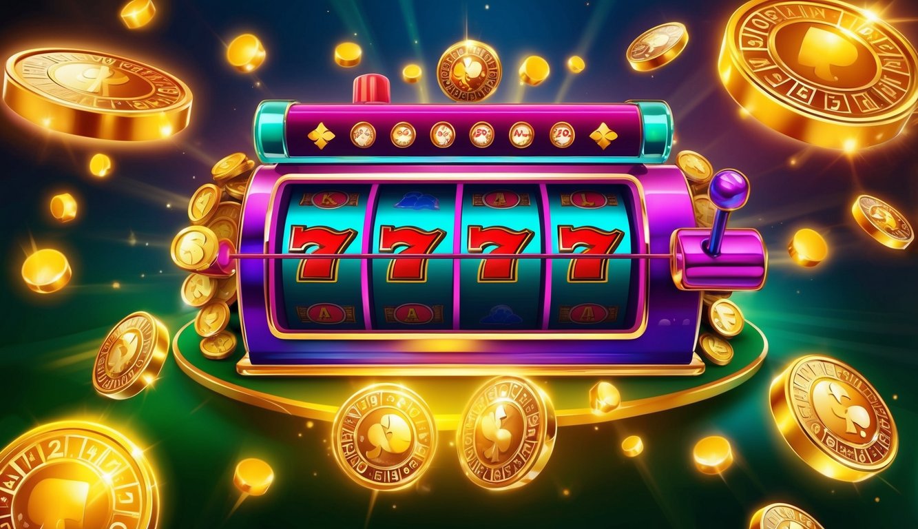 Mesin slot online yang bersemangat dikelilingi oleh simbol keberuntungan dan cahaya yang bersinar