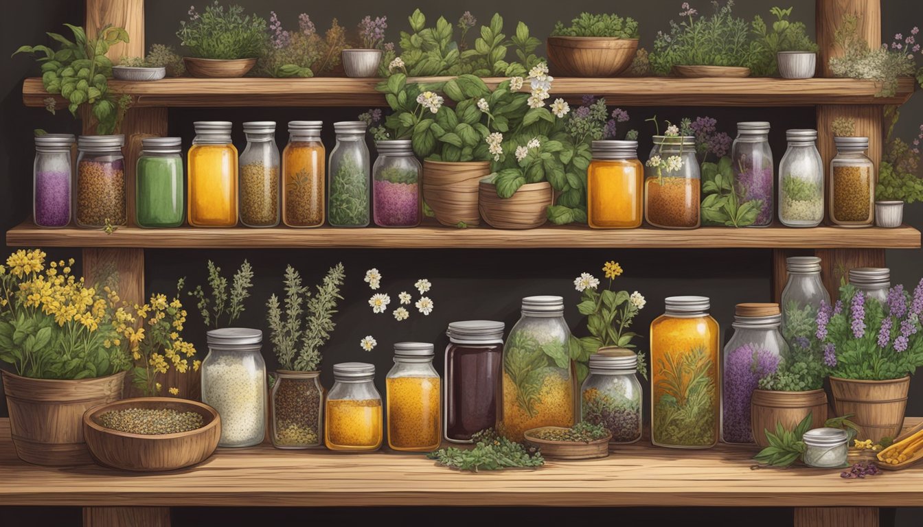 A rustic wooden spice cabinet overflowing with jars of foraged syrups and sweeteners, surrounded by wild herbs and flowers