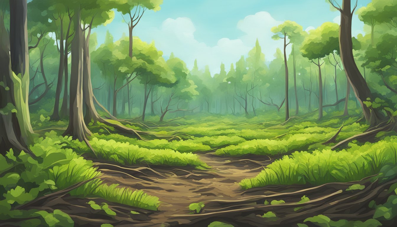 A lush forest slowly reclaiming a clearing after a disaster, with new green shoots emerging from the scorched earth