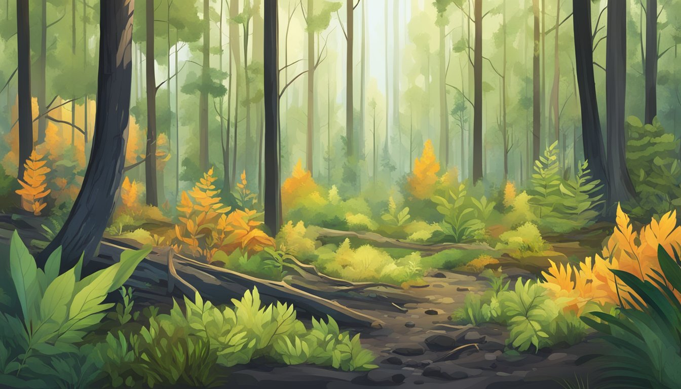 A lush forest regenerating after a wildfire, with new growth sprouting from charred trees and a diverse array of plant life thriving on the forest floor