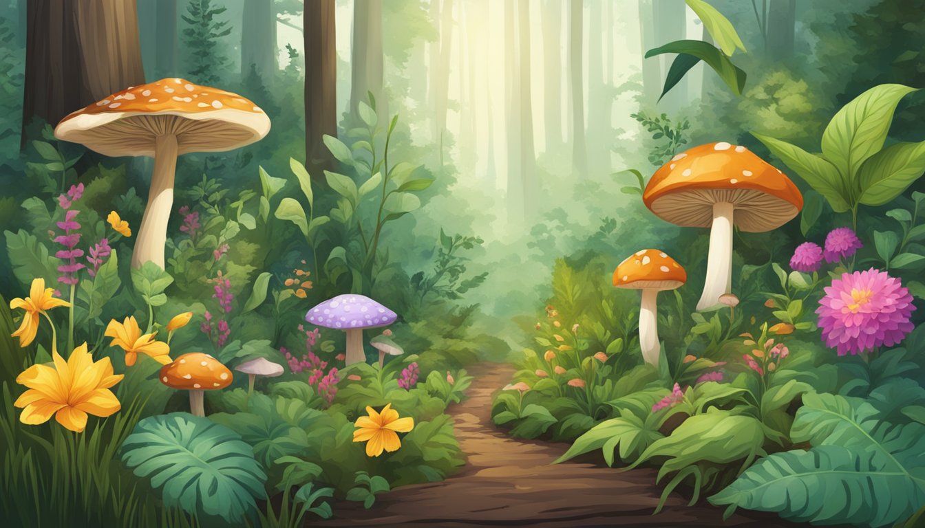 A lush forest floor with a variety of wild plants and herbs, including vibrant flowers, mushrooms, and aromatic spices growing amongst the foliage