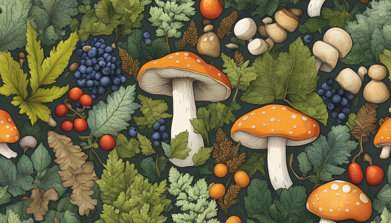 A close-up of a forest floor with various wild edibles like mushrooms, berries, and plants, as seen through a microscope