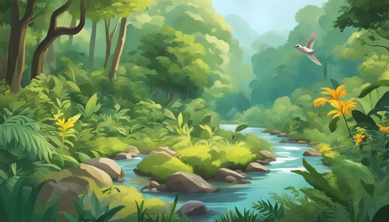 A lush forest with diverse plant life, birds, and small animals. A clear stream runs through the scene, with evidence of sustainable foraging practices