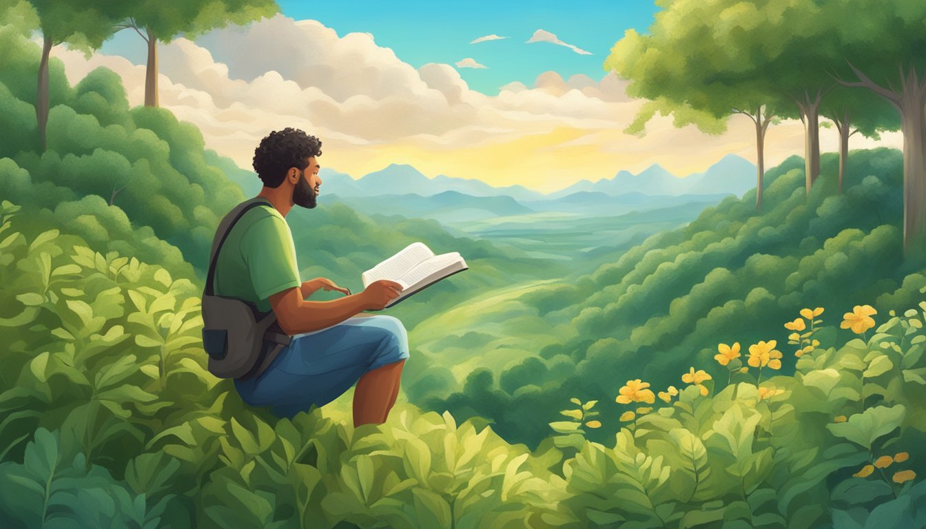 A forager reads the sky, wind, and plants for signs of weather changes, surrounded by a lush, diverse landscape