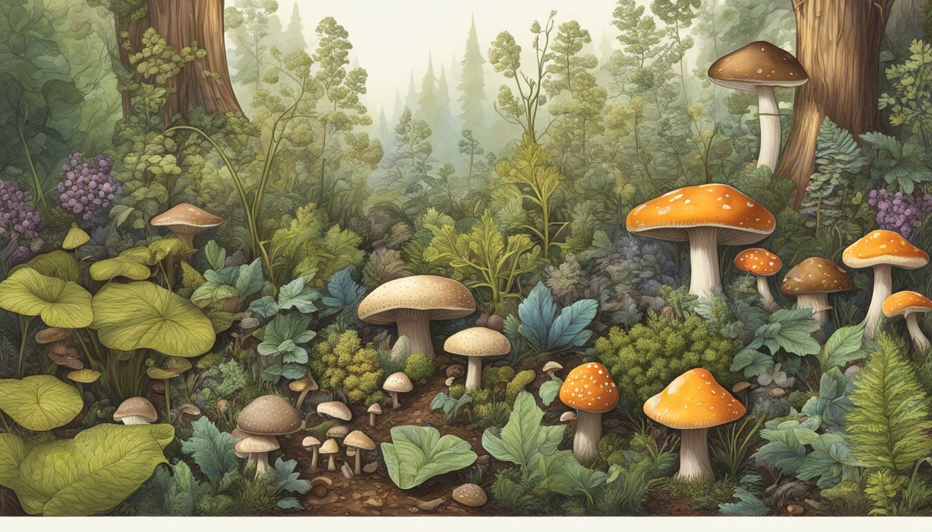 A forest floor with various wild plants and mushrooms, a microscope revealing intricate details of the edibles