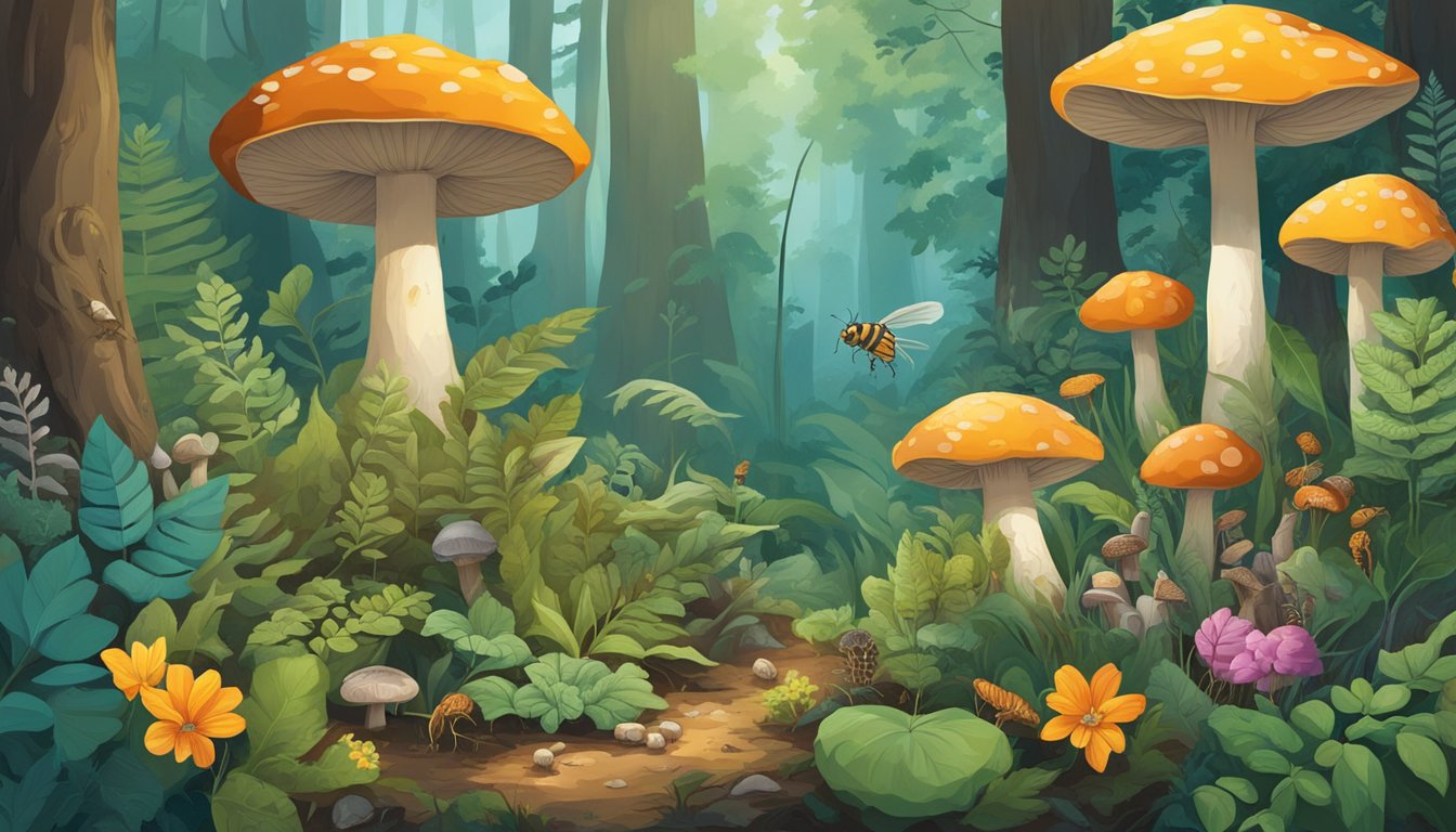 A dense forest floor with a variety of wild plants, mushrooms, and insects. The scene is teeming with life and vibrant colors, showcasing the hidden world of wild edibles