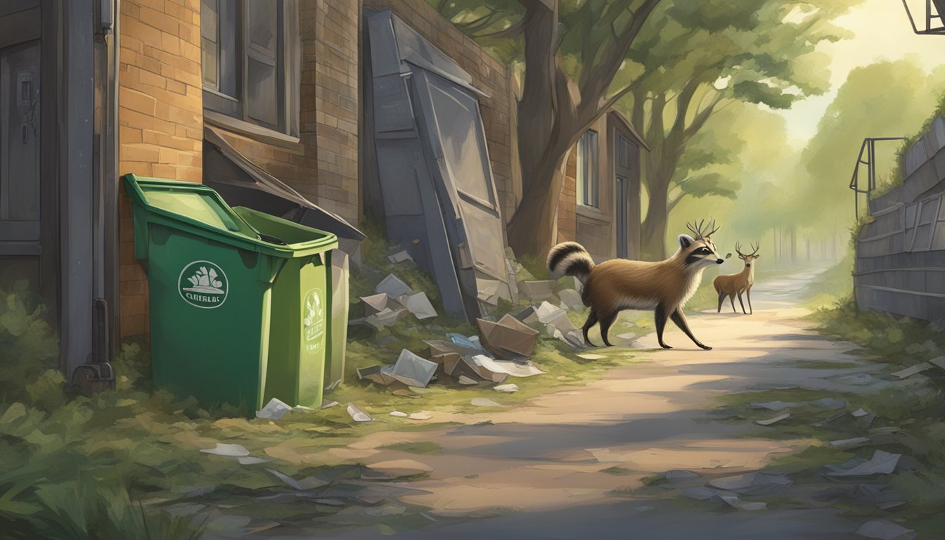 A raccoon rummages through a trash-filled alley, contrasting with a deer grazing in a pristine forest