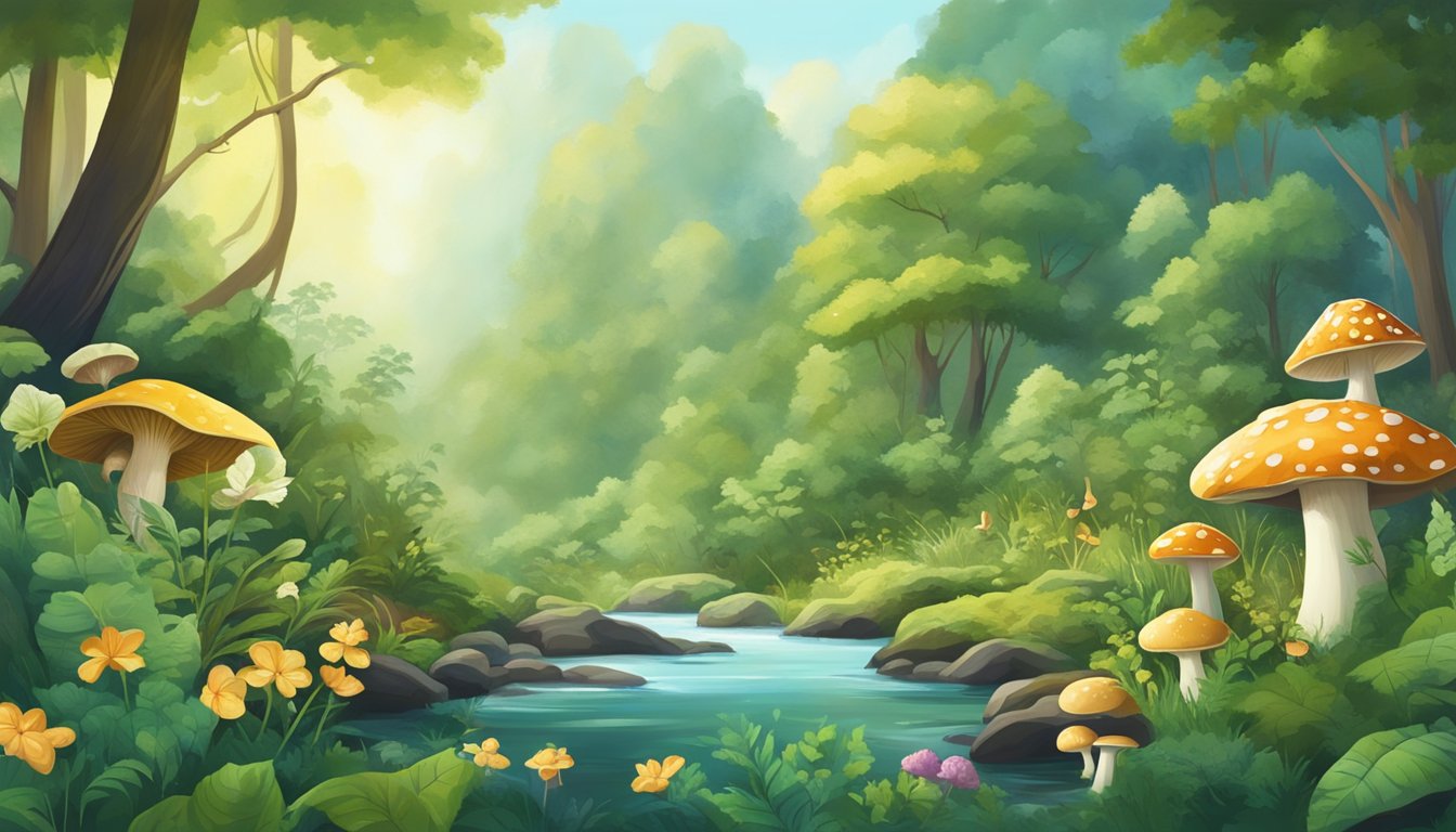 A lush forest with various edible plants and mushrooms, surrounded by clear streams and wildlife. The air is clean and fresh, showcasing a safe and bountiful foraging environment