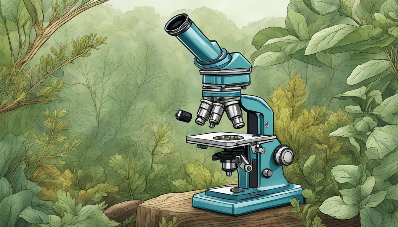 A close-up of a forager's microscope revealing the intricate details of wild edibles in a natural setting