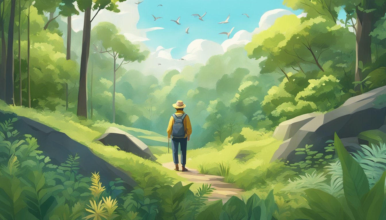 A forager stands in a lush forest, surrounded by wild plants and trees. The sky is clear, with birds chirping and a gentle breeze blowing through the leaves