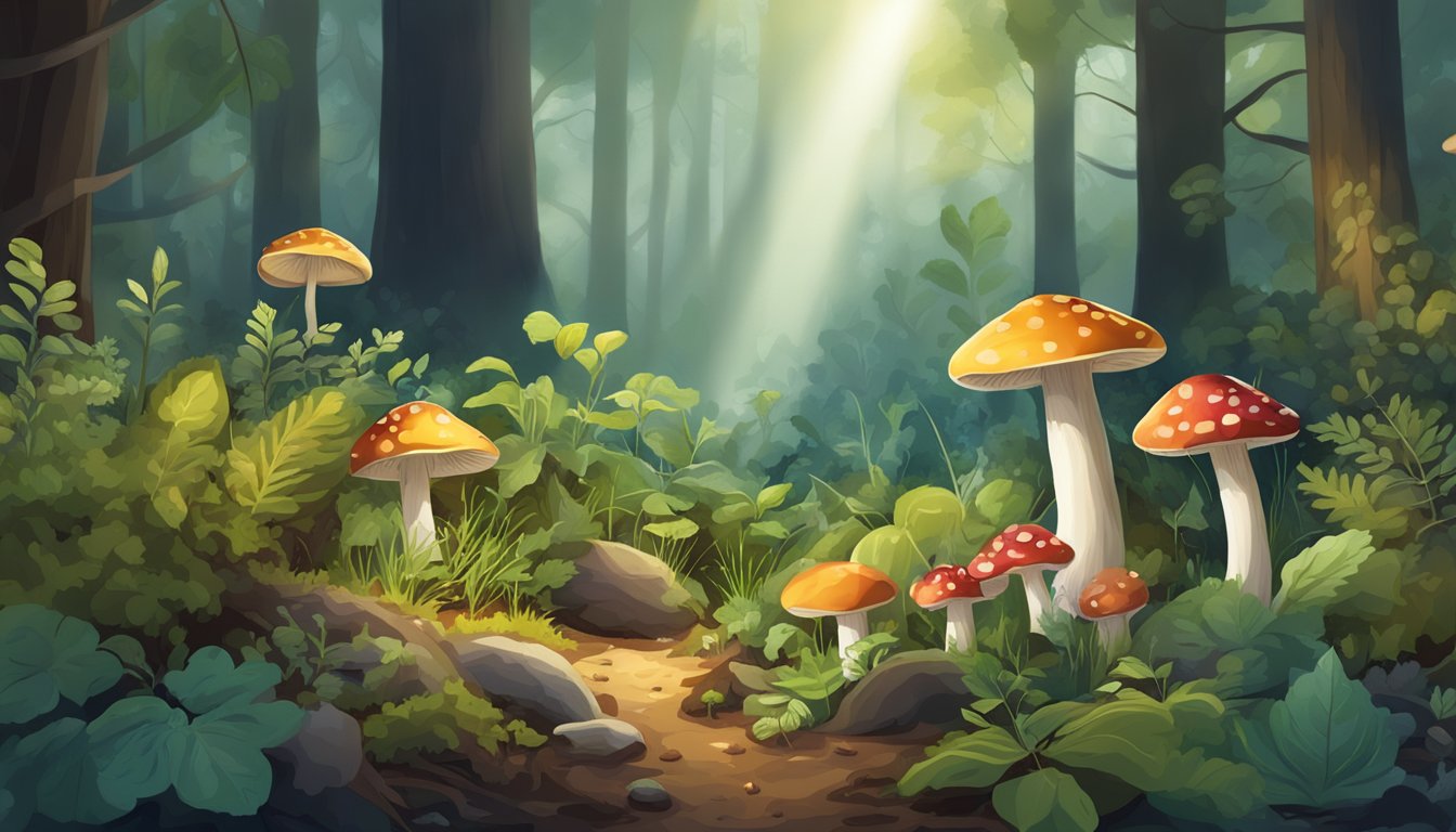 A forest floor with a variety of wild edible plants, such as mushrooms, berries, and herbs, illuminated by a spotlight