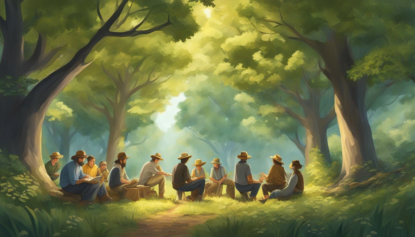 A group of foragers gather under a canopy of trees, studying the sky and surrounding nature for signs of upcoming weather and bountiful harvests