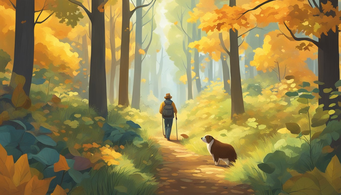 A forager stands in a lush, sun-dappled forest, observing the changing colors of leaves and the behavior of animals to predict the weather for bountiful harvests