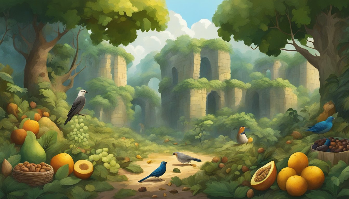 A lush forest with abundant fruits, nuts, and herbs scattered on the ground. Animals and birds are seen gathering food amidst ancient ruins