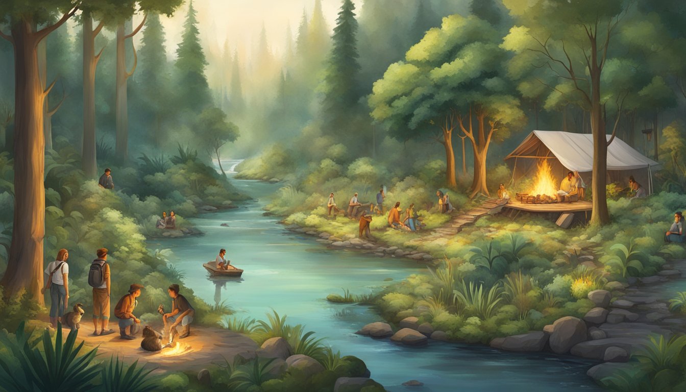 A lush forest with diverse plants and animals, a clear stream, and a gathering of people sharing stories around a fire