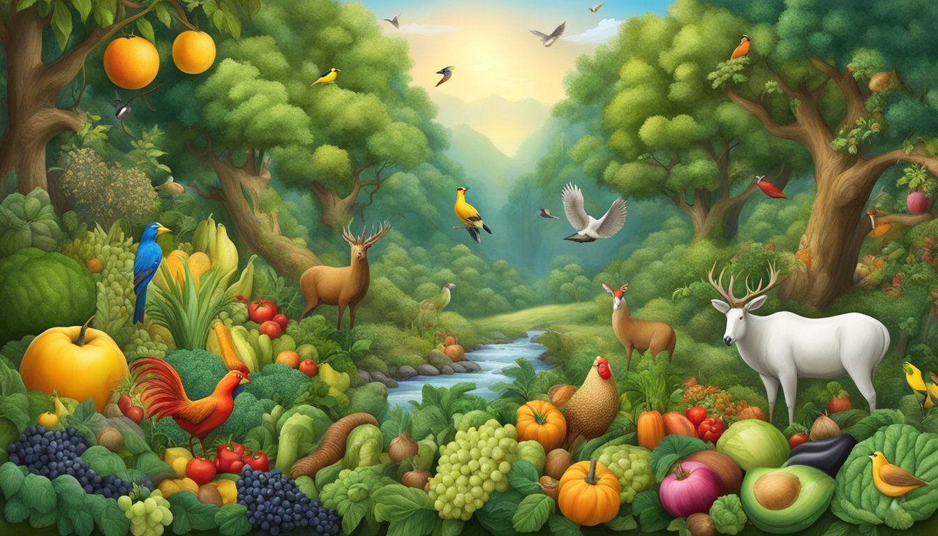 A lush forest with abundant fruits and vegetables, surrounded by animals and birds, with a sense of harmony and abundance