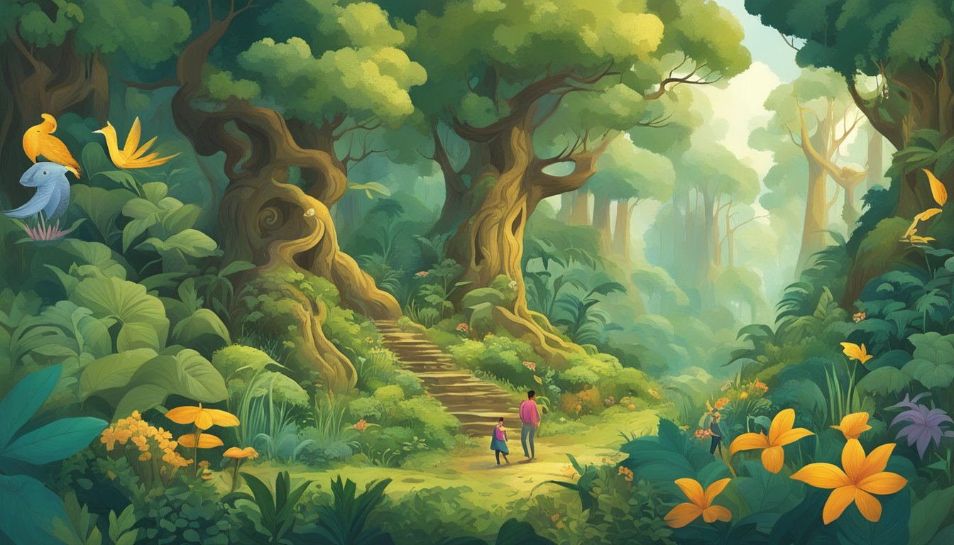 A lush forest with diverse flora and fauna, a figure foraging for wild food, surrounded by ancient storytelling symbols and mythological creatures