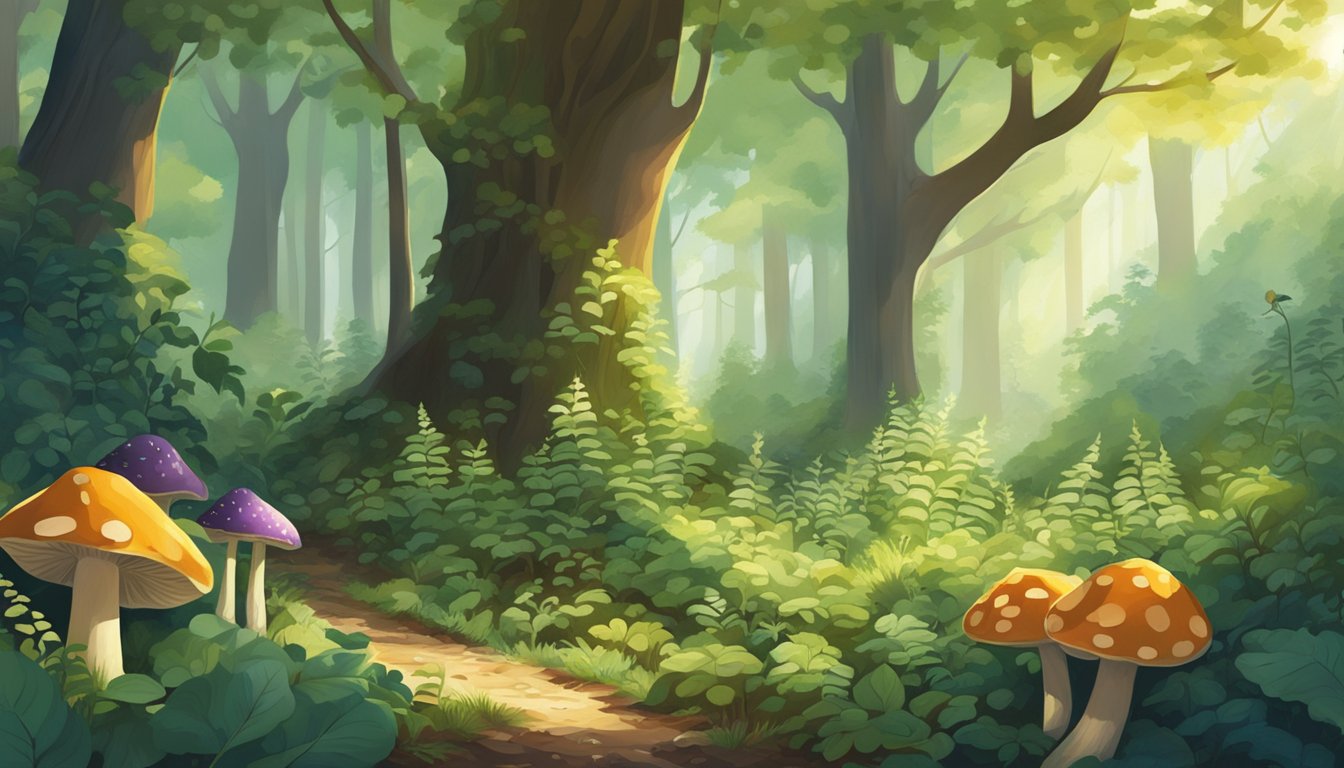 A lush forest floor with vibrant wild edibles such as berries, mushrooms, and herbs. Sunlight filters through the canopy, creating dappled patterns on the ground