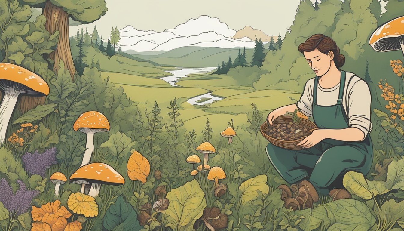 A forager carefully selects and collects a variety of wild plants and mushrooms, then uses different preservation techniques such as drying, pickling, and fermenting to enhance their natural flavors