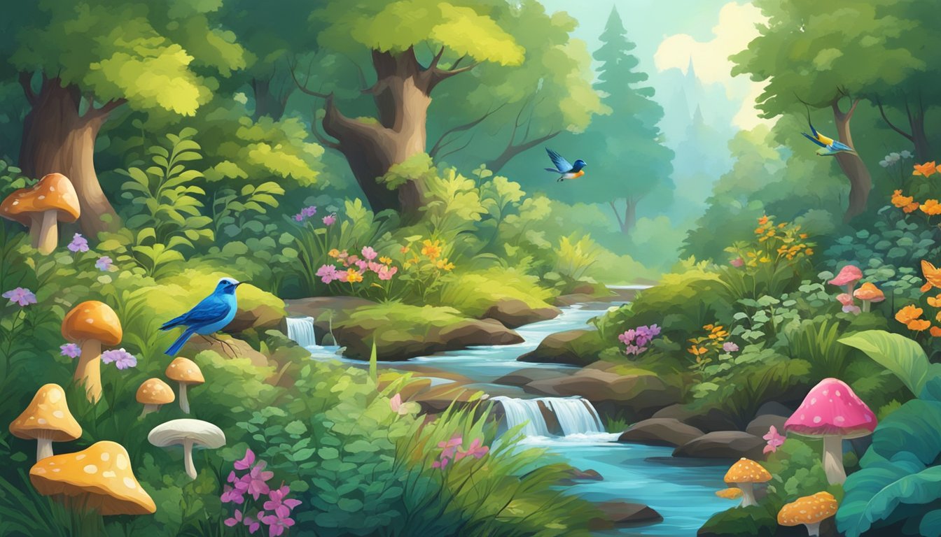 A lush forest with a variety of plants, flowers, and mushrooms. A babbling stream winds through the underbrush, and colorful birds flit among the trees