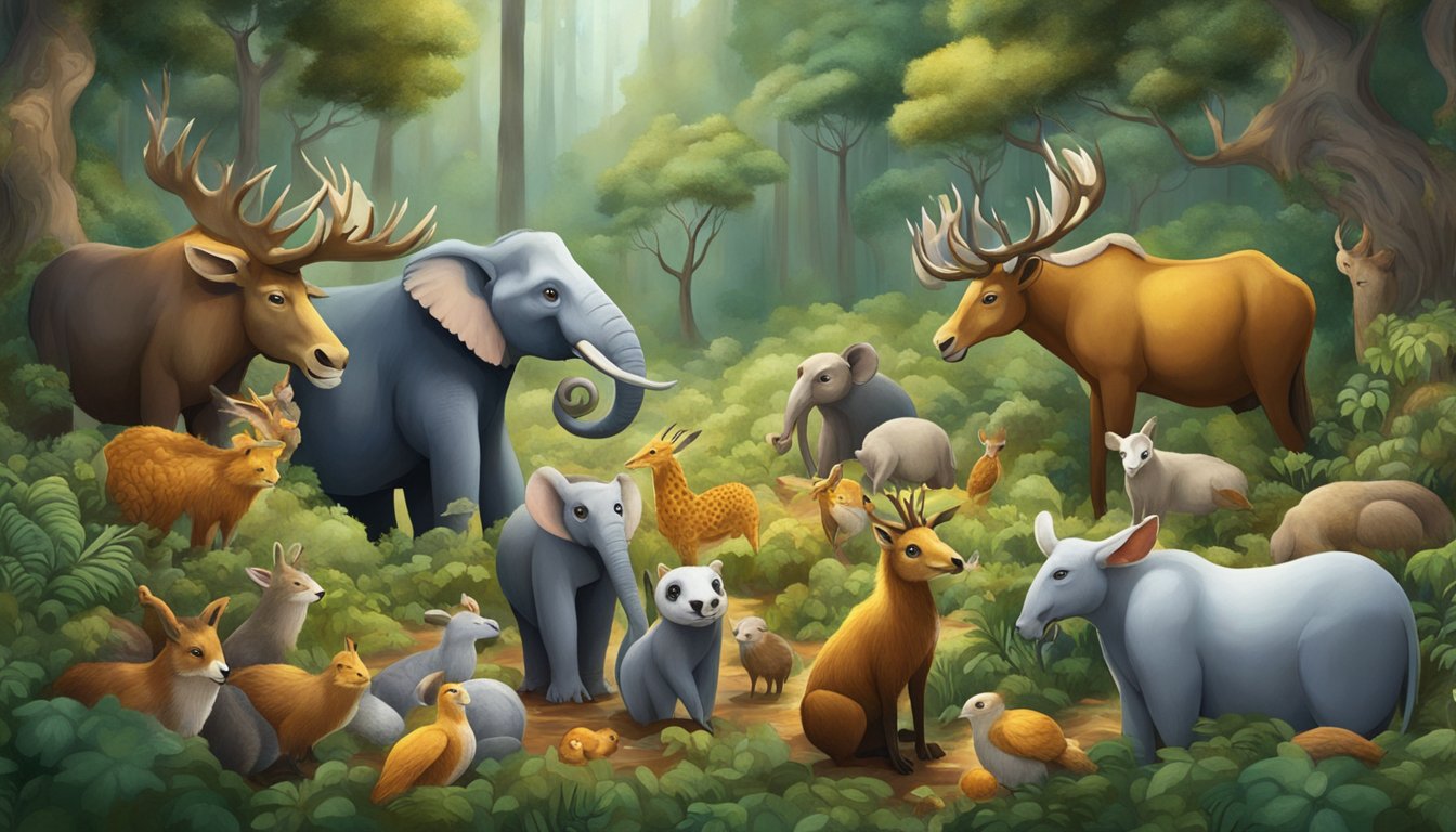 A group of animals gather around a bountiful harvest, exchanging information and showing fidelity in their communication while foraging in a mythical forest