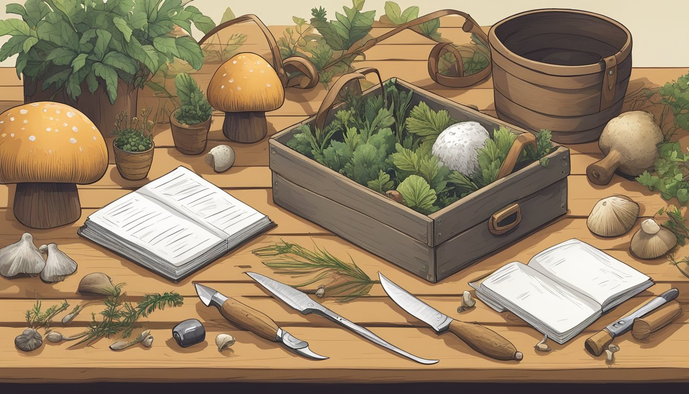 A forager's toolkit laid out on a wooden table, including a basket, knife, guidebook, and various wild plants and mushrooms