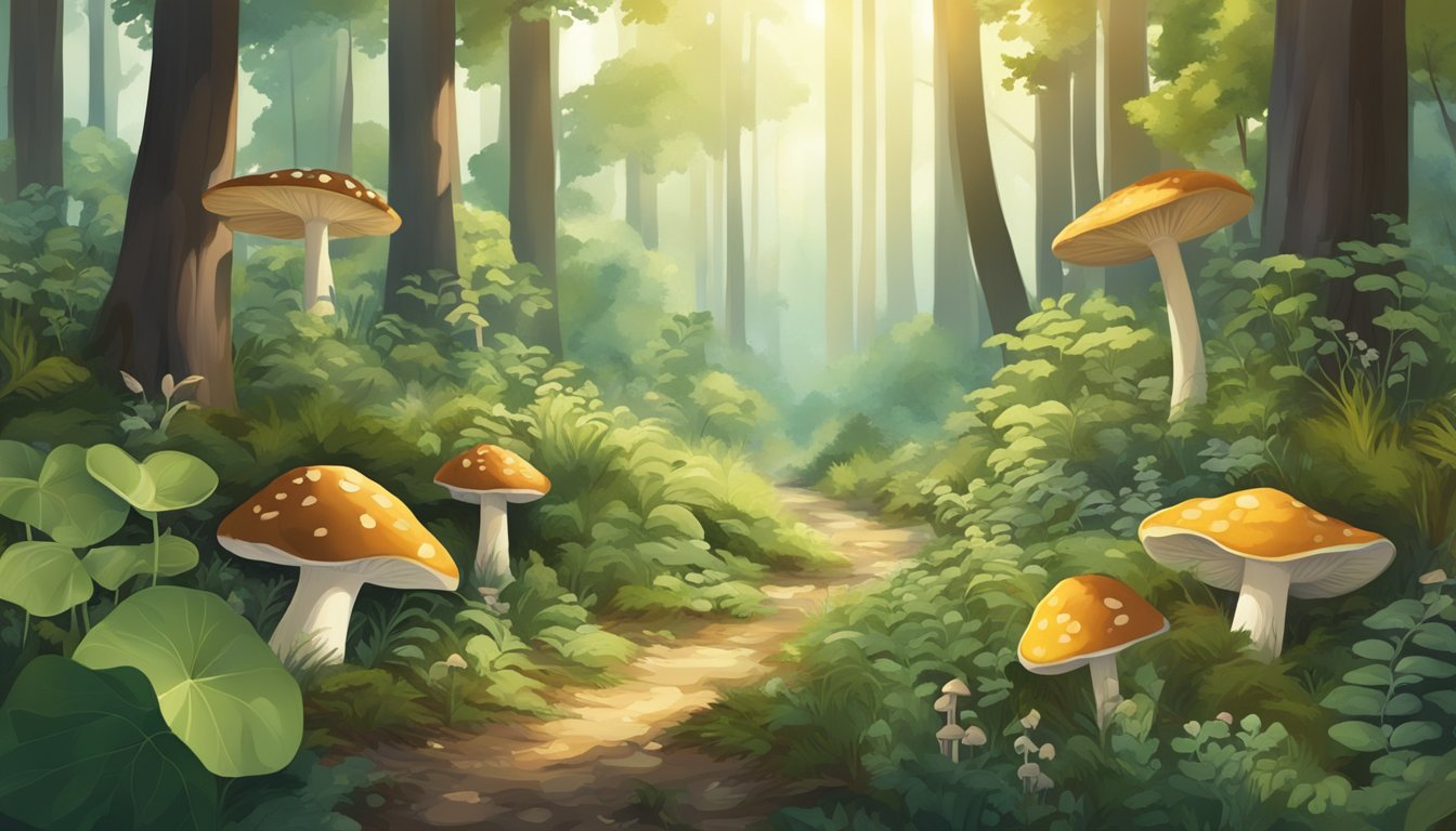 A lush forest floor with a variety of wild edible plants and mushrooms, surrounded by towering trees and dappled sunlight