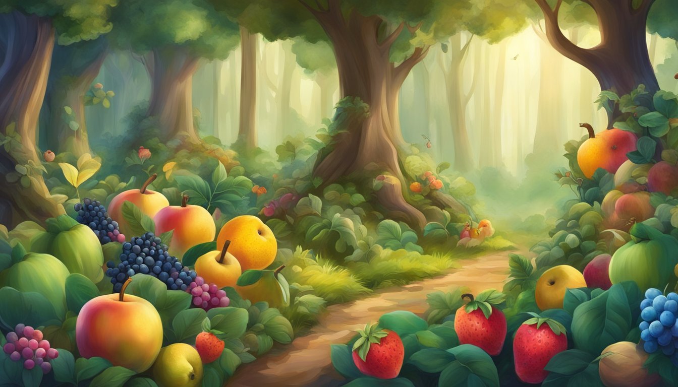 A lush forest with colorful fruits and flowers sprouting from the ground, while mystical creatures gather and collect the bountiful harvest